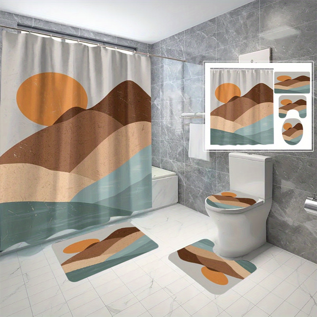 Home Bathroom Partition - 4pc Abstract Landscape and Sun Home