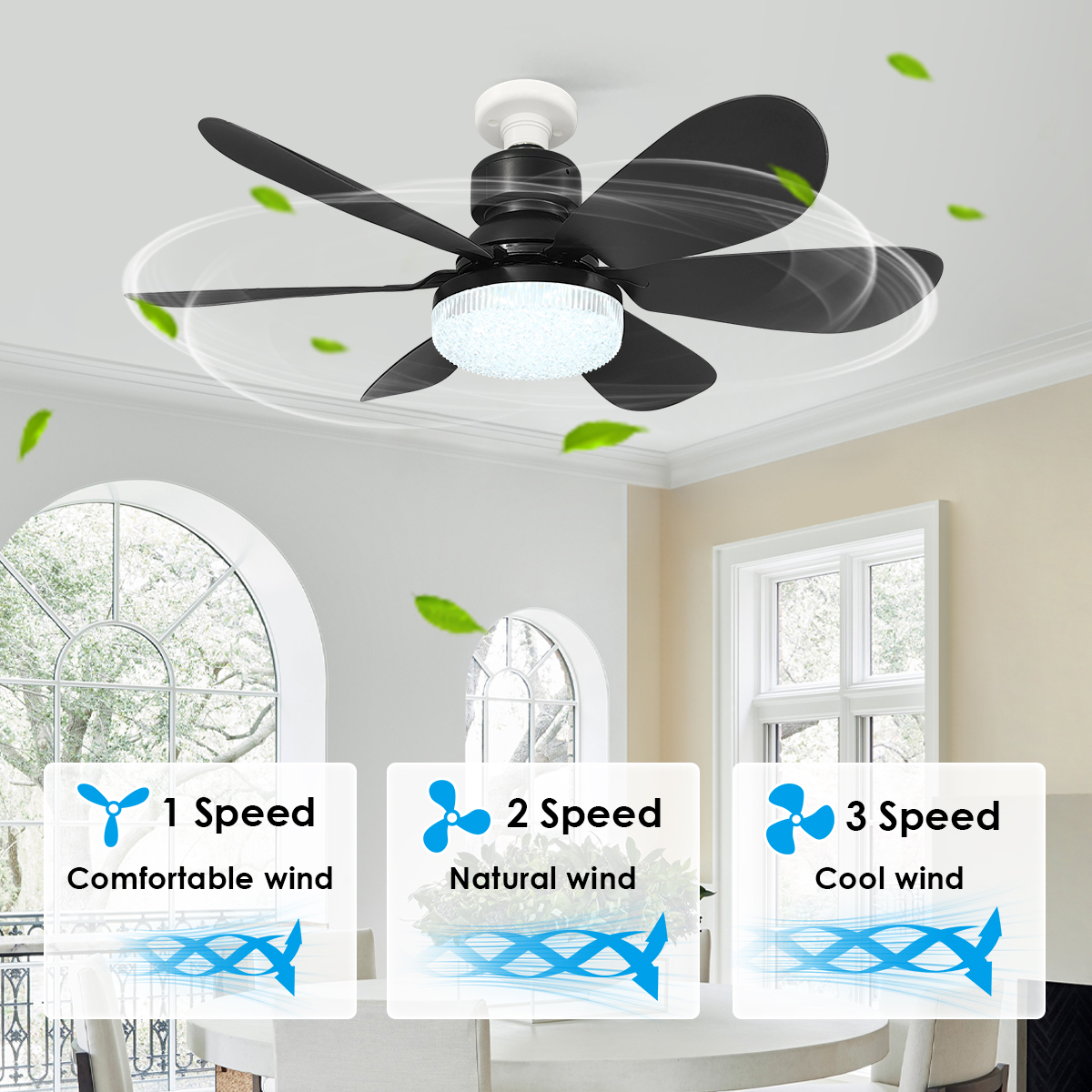 Home Bathroom Fan - E27 Crystal Lampshade Ceiling Fan Light