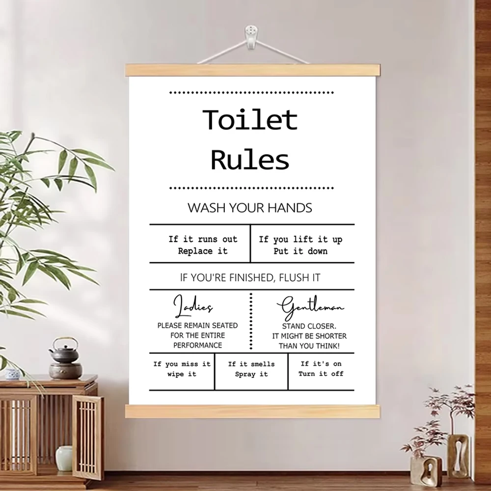 Canvas Poster with Wooden Pole - Home Bathroom Rules avaliação e preço