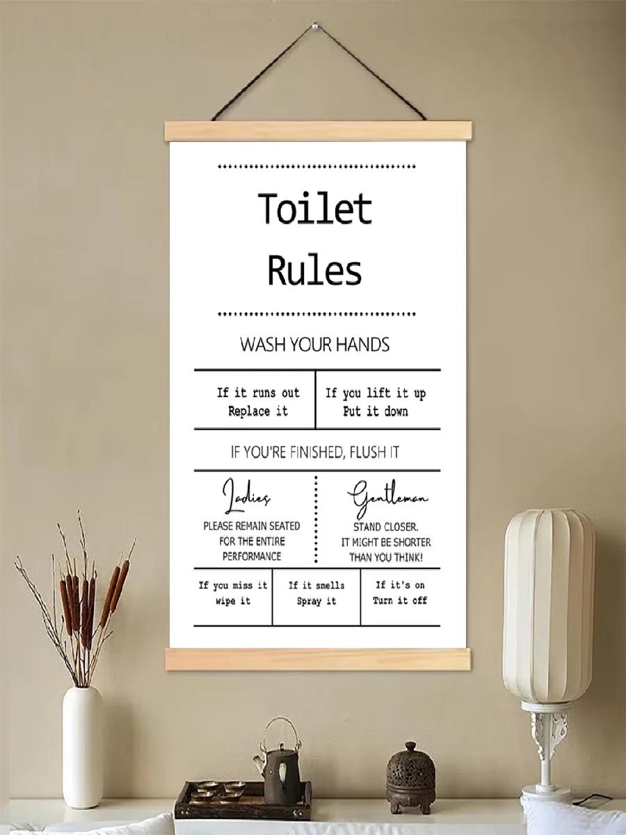 Canvas Poster with Wooden Pole - Home Bathroom Rules avaliação e preço