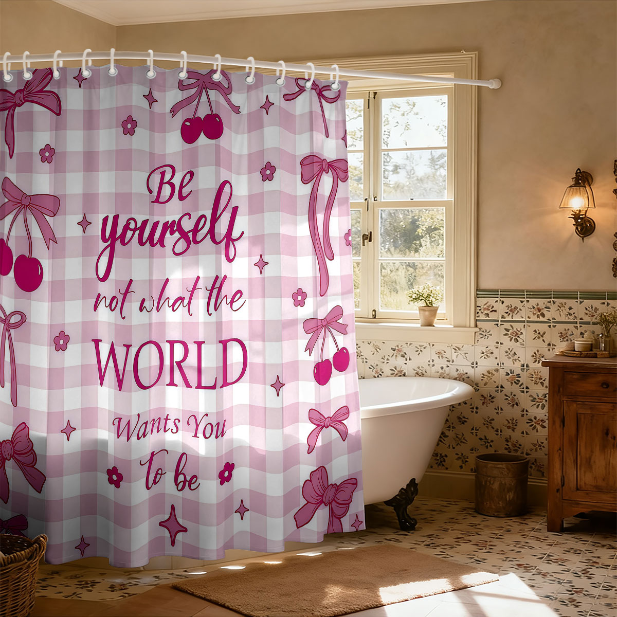 1pc Pink Bow Printed Shower Cu - Home Bathroom Partition avaliação e preço