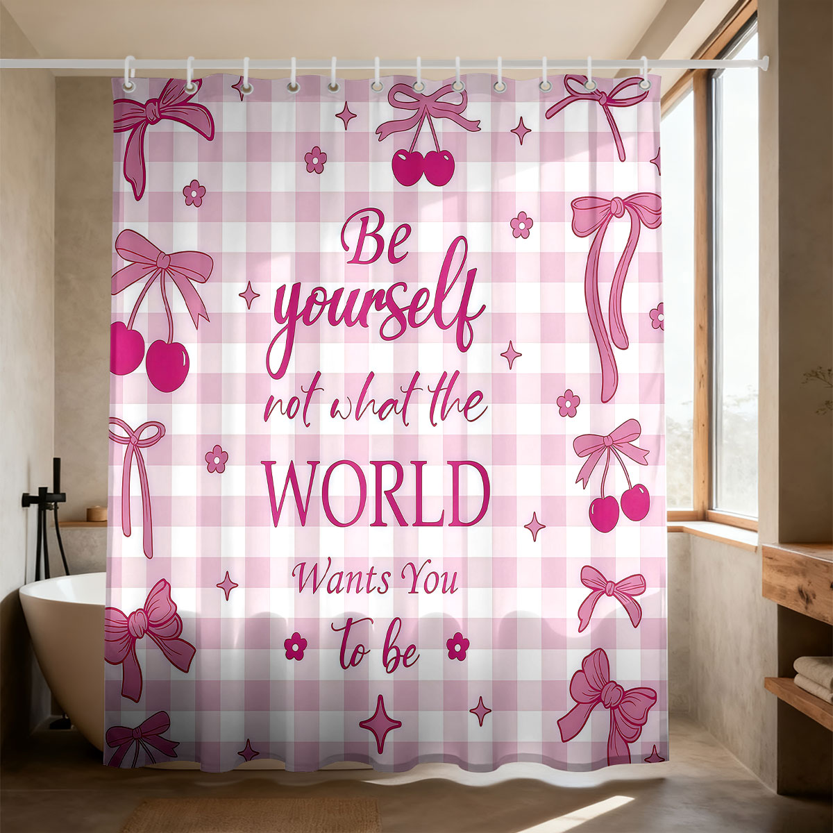 1pc Pink Bow Printed Shower Cu - Home Bathroom Partition avaliação e preço