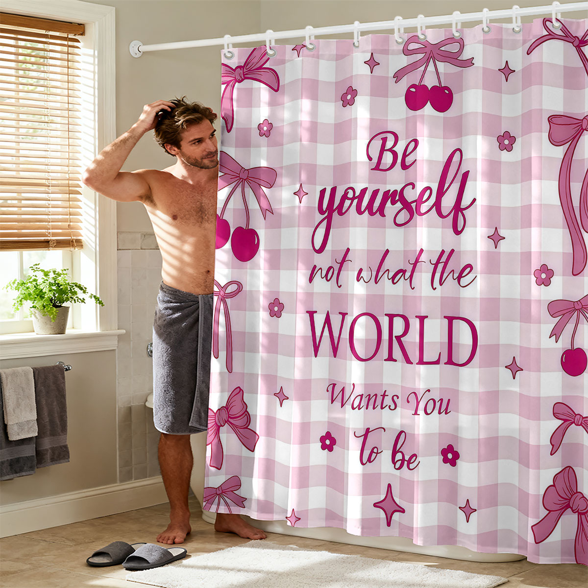 1pc Pink Bow Printed Shower Cu - Home Bathroom Partition avaliação e preço