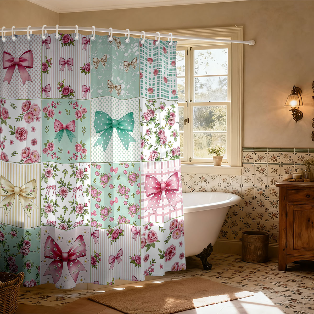 1pc Pink Bow Printed Shower Cu - Home Bathroom Partition avaliação e preço